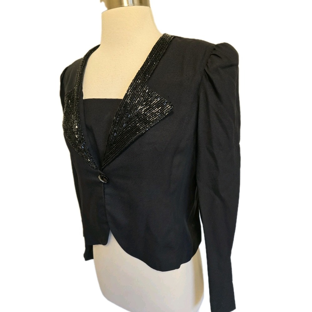 Womens 80s 90s Black Blazer Jacket Beaded Lapel